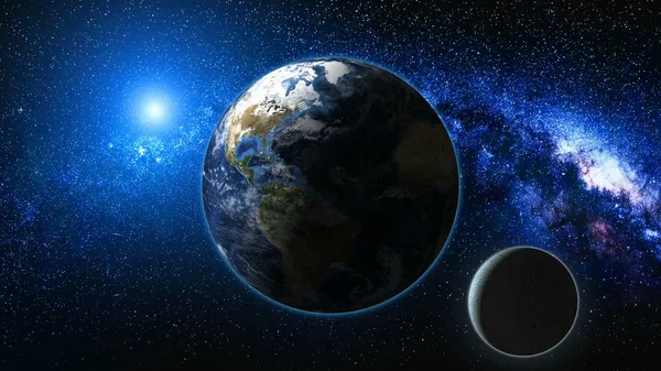 Gezegen dünya ve ay uzaydan gündoğumu görünümü — Stok fotoğraf