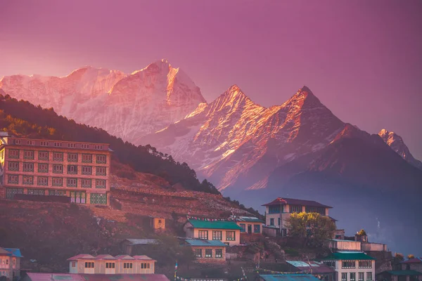 Amazing sunrise view of Namche Bazaar village — Stock Image Amazing sunrise view of Namche Bazaar village Stock Image