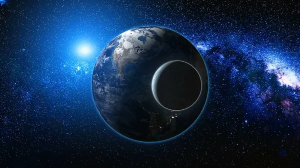 Vista do nascer do sol do espaço no planeta Terra e Lua — Fotografia de Stock
