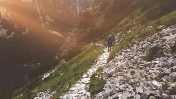 Groep toeristen wandeltochten in hoge Tatra gebergte — Stockvideo