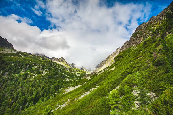 Berg groene heuvel tegen blauwe bewolkte hemel — Stockfoto