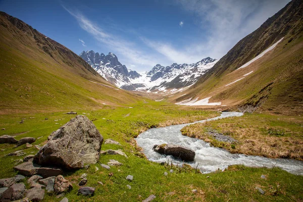 Summer landscape with river and mountain snow peak — Stock Photo, Image
