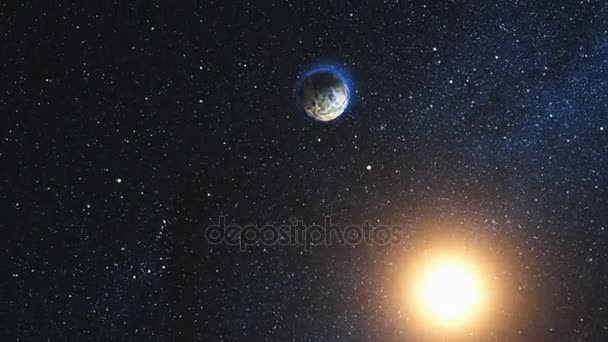 Vista del amanecer desde el espacio en el planeta Tierra. Renderizado 3D — Vídeo de stock