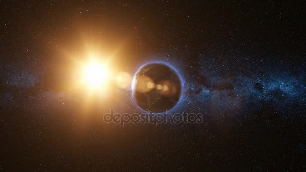 Auringonnousu näkymä avaruudesta Maa-planeetalta. 3D-renderointi — kuvapankkivideo