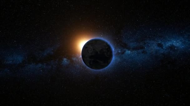 Sonnenaufgang Blick aus dem All auf den Planeten Erde. 3D-Darstellung — Stockvideo