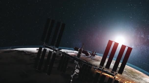 ISS with solar panel discovery Earth atmosphere — Stock Video