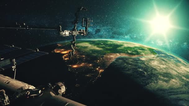 Dettaglio della ISS in orbita attorno al pianeta Terra realistico — Video Stock