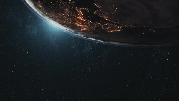 Realistyczna Ziemia orbitująca wokół Słońca nad światową panoramą — Wideo stockowe