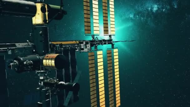 Крупным планом МКС заряжается солнечная панель от Старлайт — стоковое видео