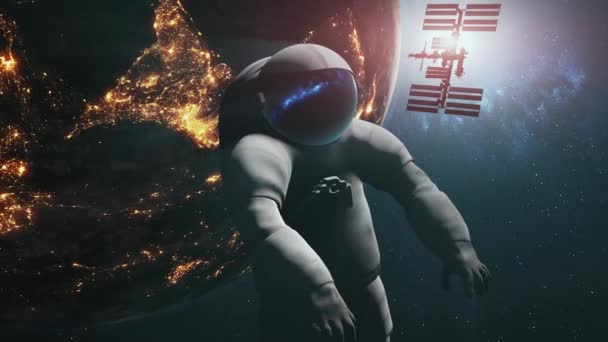 Voo de cosmonauta distante e ISS sobre a Terra — Vídeo de Stock