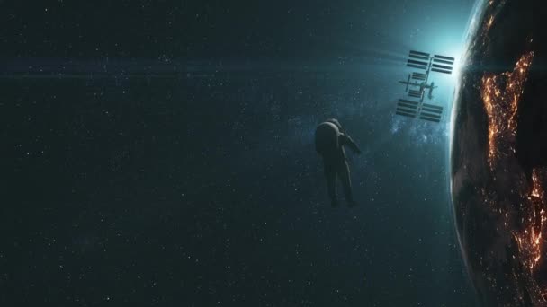 现实的宇航员飞向旋转的Iss太阳耀斑 — 图库视频影像
