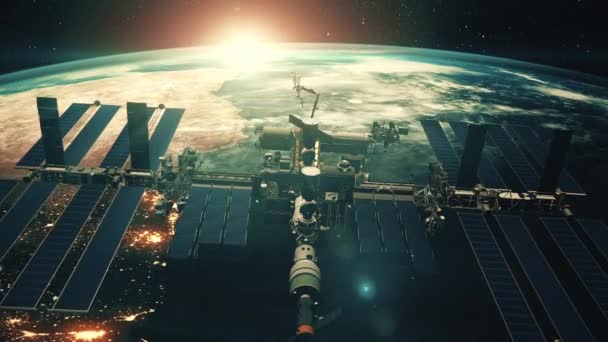 Primer plano ISS volando sobre la atmósfera del globo terrestre — Vídeos de Stock