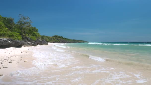 Sandy beach and rocky coastline with blue ocean — 비디오