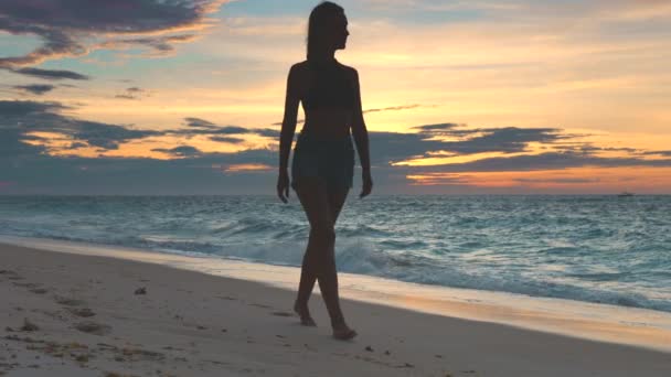 Vrouw wandelen langs de kustlijn bij zonsondergang — Stockvideo