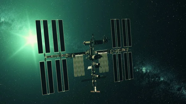 Международная космическая станция заряжает солнечную батарею — стоковое фото