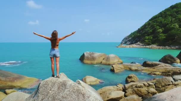 Exotic beach girl stand on rocky chunk drone view — Stock video