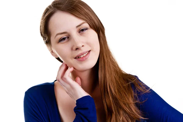 Retrato Uma Menina Bonita Uma Blusa Azul — Fotografia de Stock