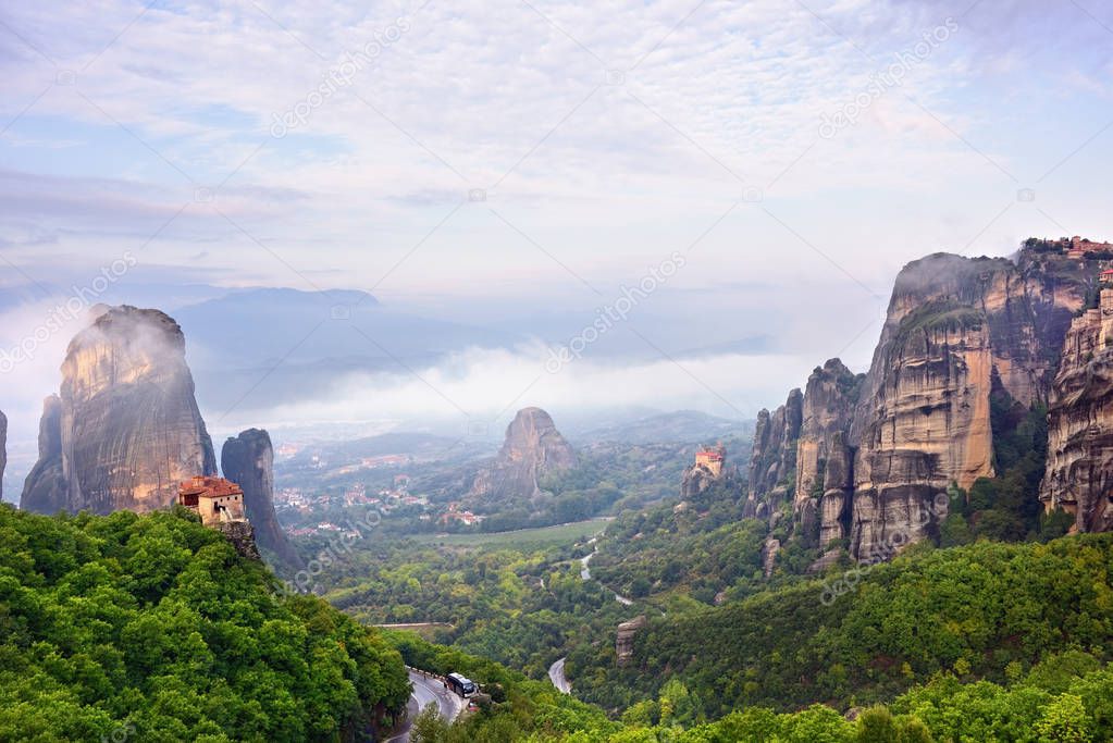 Meteora landscape and Monastery Roussanov on foreground, Greece