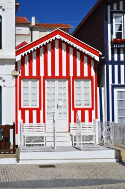 Çizgili renkli evler, Costa Nova, Beira Litoral, Portekiz, Eur