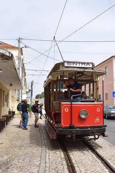 Sintra street scene with old red tram, Portugal — Stock Photo, Image