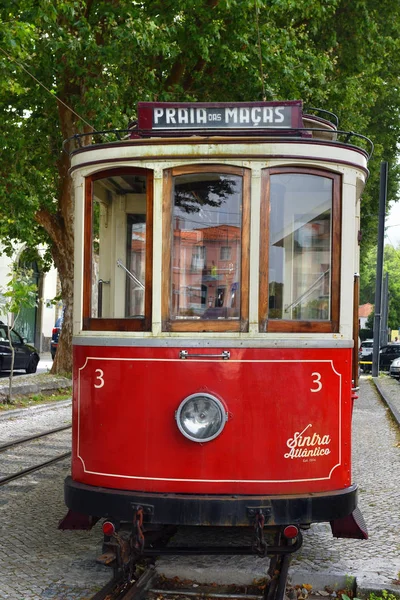 Sintra street scene with old red tram — Stock Photo, Image