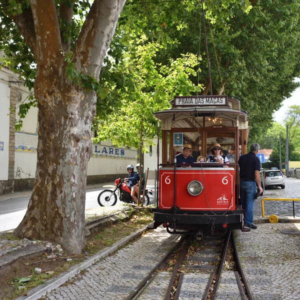 Sintra street scene with old red tram — Stock Photo, Image