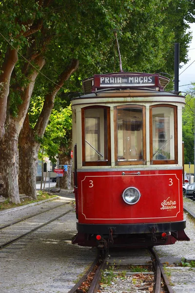 Sintra street scene with old red tram — Stock Photo, Image