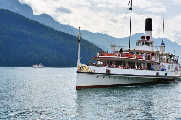 Swiss retro wheel steamer on lake Lucerne — Stock Photo, Image