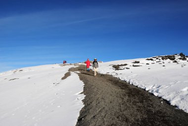 Kilimanjaro dağın zirvesinde dağcılar. Tanzanya, 