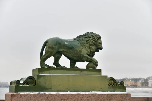 Brons lejon på stranden av Neva floden på vintern. Sankt Petersb — Stockfoto