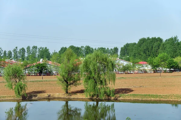 Paisagem Rural Coreia Norte Aldeia Campos Agrícolas Cultivados Lagoa Água — Fotografia de Stock