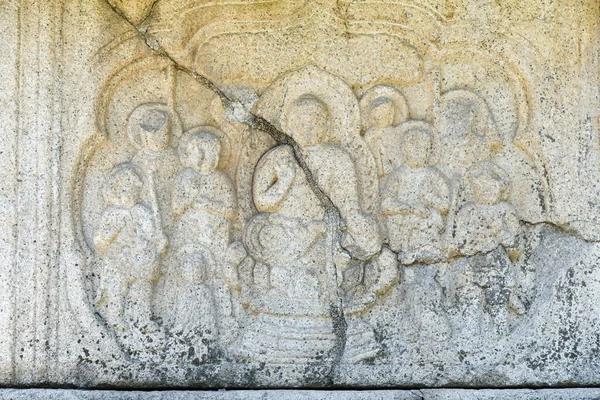 Traditionelle Koreanische Steinschnitzerei Buddhistische Mönche Auf Einer Alten Steinpagode Koryo — Stockfoto
