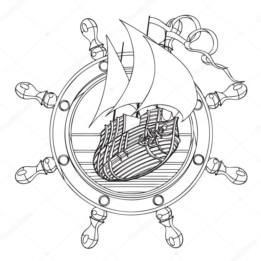 Simple black and white vector badge with sail ship and steering wheel, executed in retro print style. File doesn't contains gradients, blends, transparency and strokes or other special visual effects.
