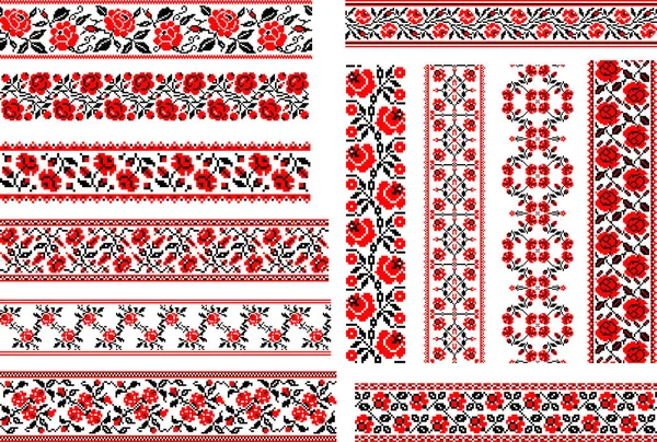 Conjunto de 12 patrones étnicos para bordar la puntada con rosas — Archivo Imágenes Vectoriales
