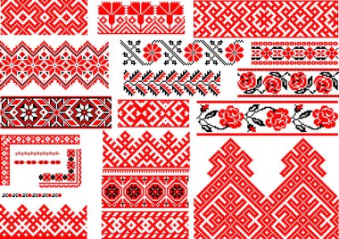 21 düzenlenebilir renkli kesintisiz etnik desenleri nakış dikiş için topluluğu. Kenarlıklar ve çerçeveler