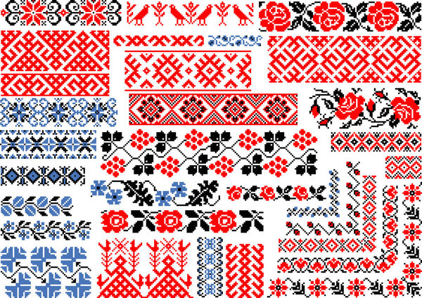 Набор редактируемых красочных бесшовных этнических узоров для вышивки стежков. Границы и рамки
