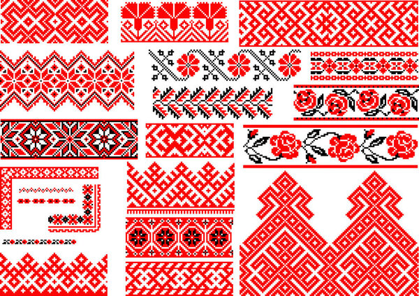 Коллекция из 21 редактируемых красочных бесшовных этнических узоров для вышивки. Границы и рамки
