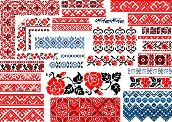 Collection Editable Colorful Seamless Ethnic Patterns Embroidery Stitch Borders Frames — Stock Vector