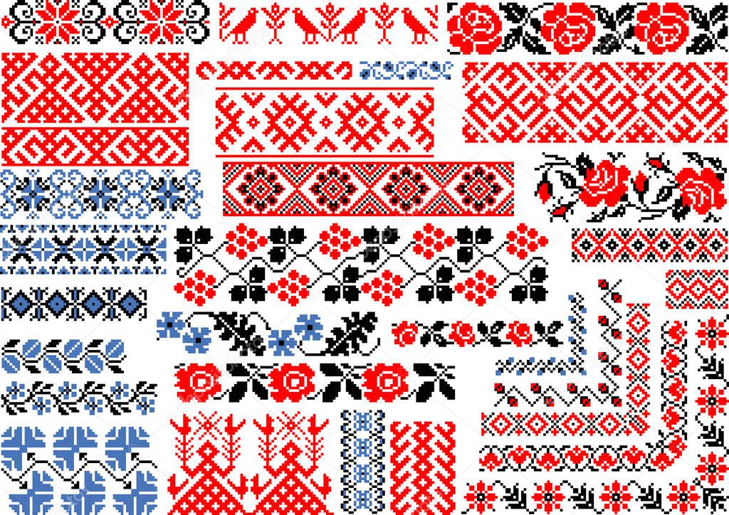 Set of editable colorful seamless ethnic patterns for embroidery stitch. Borders and frames