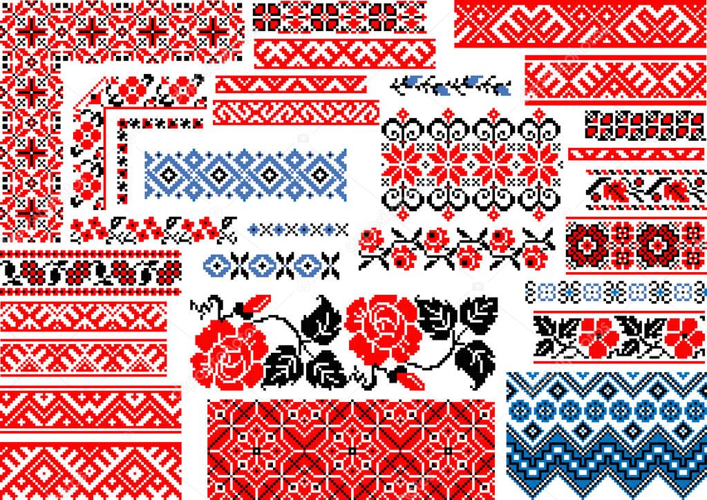 Collection of 30 editable colorful seamless ethnic patterns for embroidery stitch. Borders and frames.