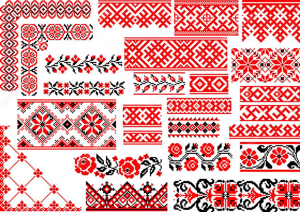 Collection of 25 editable colorful seamless ethnic patterns for embroidery stitch. Borders and frames.