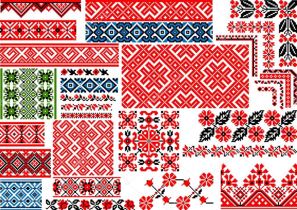 Collection of 30 editable colorful seamless ethnic patterns for embroidery stitch. Borders and frames