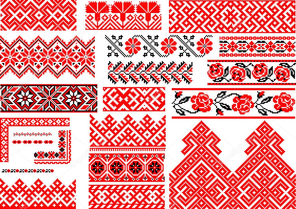Collection of 21 editable colorful seamless ethnic patterns for embroidery stitch. Borders and frames