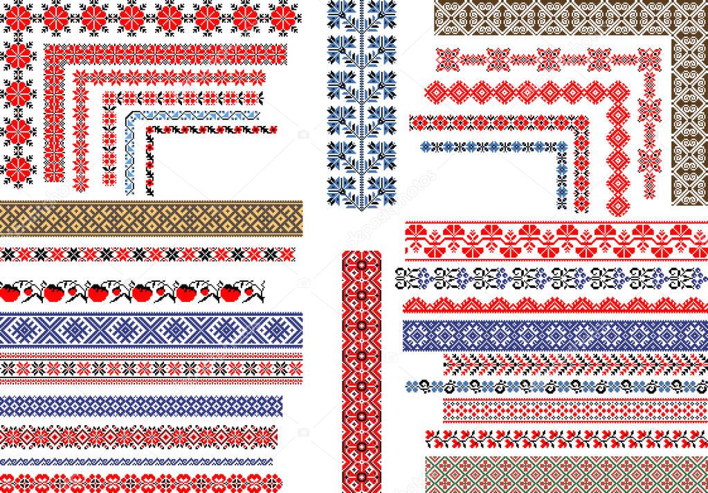 Set of editable traditional seamless ethnic patterns for embroidery stitch. Vintage floral and geometric ornaments. 