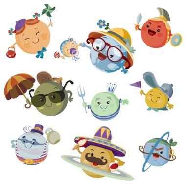 cartoon icons of planets