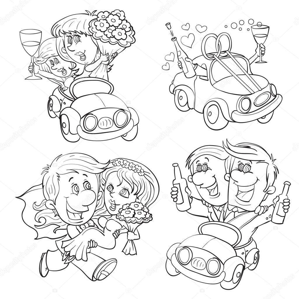 icons of wedding caricature style