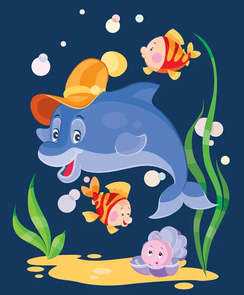 Dolphin and fish in cartoon style — Stock Vector