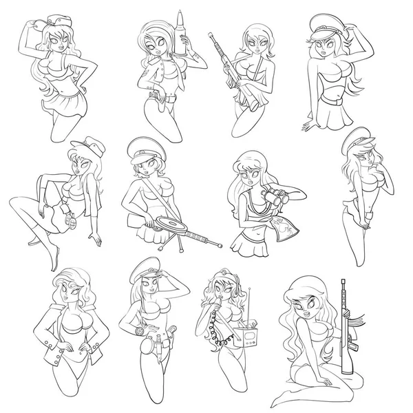 Χαρακτήρες κινουμένων σχεδίων από στρατιωτικό κορίτσια — Διανυσματικό Αρχείο