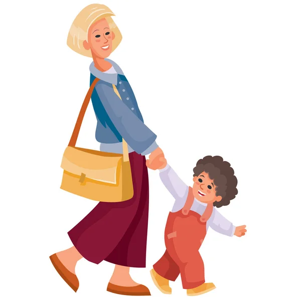 Mujer con una bolsa y con su pequeño bebé — Vector de stock