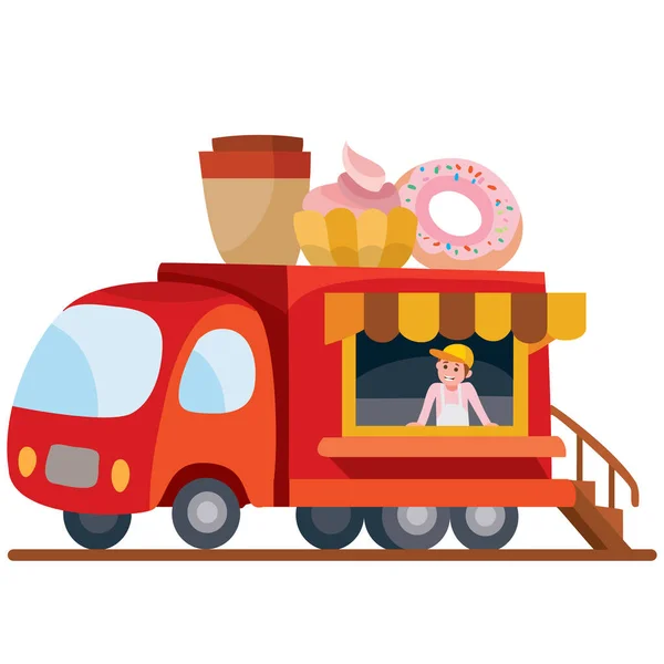 Camion ristorante mobile. Auto con cibo italiano. Illustrazione vettoriale. Stile cartone animato . — Vettoriale Stock